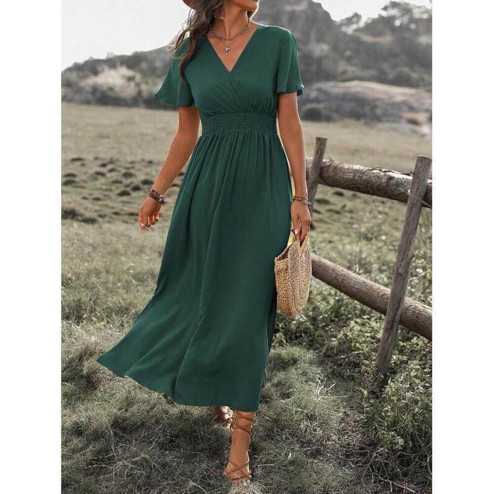 Wandoria Dark Green V-Neck Slit Maxi Dress, Boho - Picture 6 of 7